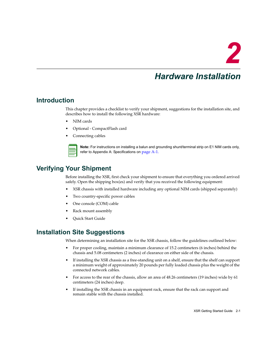 Hardware installation, Introduction, Verifying your shipment | Installation site suggestions, Chapter 2: hardware installation | Enterasys Networks XSR-3150 User Manual | Page 33 / 110