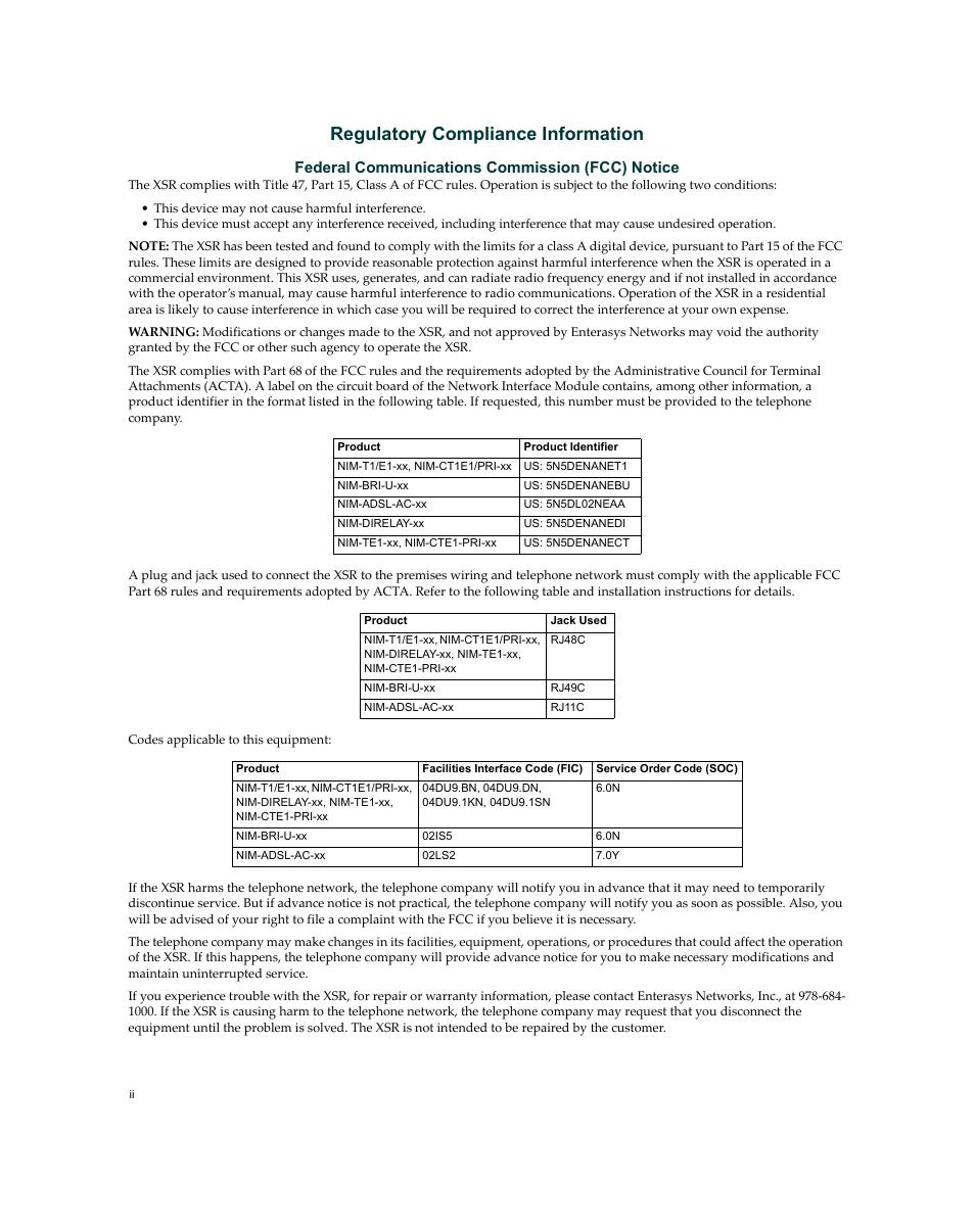 Regulatory compliance information, Federal communications commission (fcc) notice | Enterasys Networks XSR-3150 User Manual | Page 4 / 110
