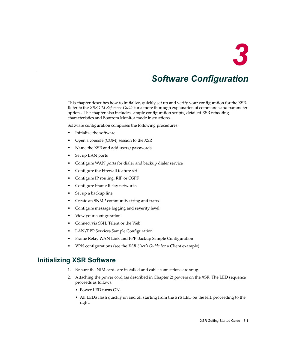 Software configuration, Initializing xsr software, Chapter 3: software configuration | Initializing xsr software -1, Software, Configuration | Enterasys Networks XSR-3150 User Manual | Page 45 / 110