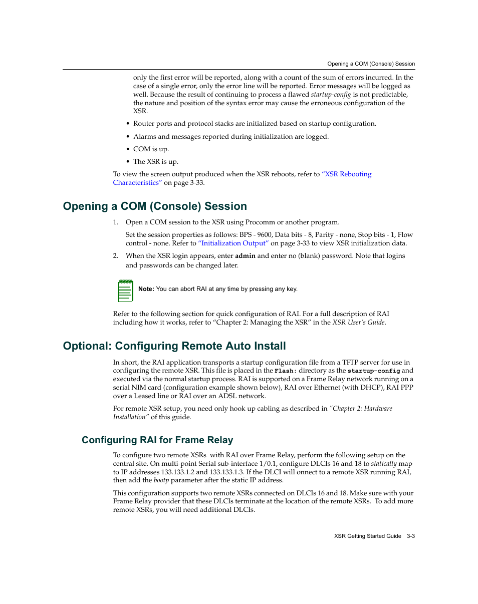 Opening a com (console) session, Optional: configuring remote auto install, Configuring rai for frame relay | Configuring rai for frame relay -3 | Enterasys Networks XSR-3150 User Manual | Page 47 / 110