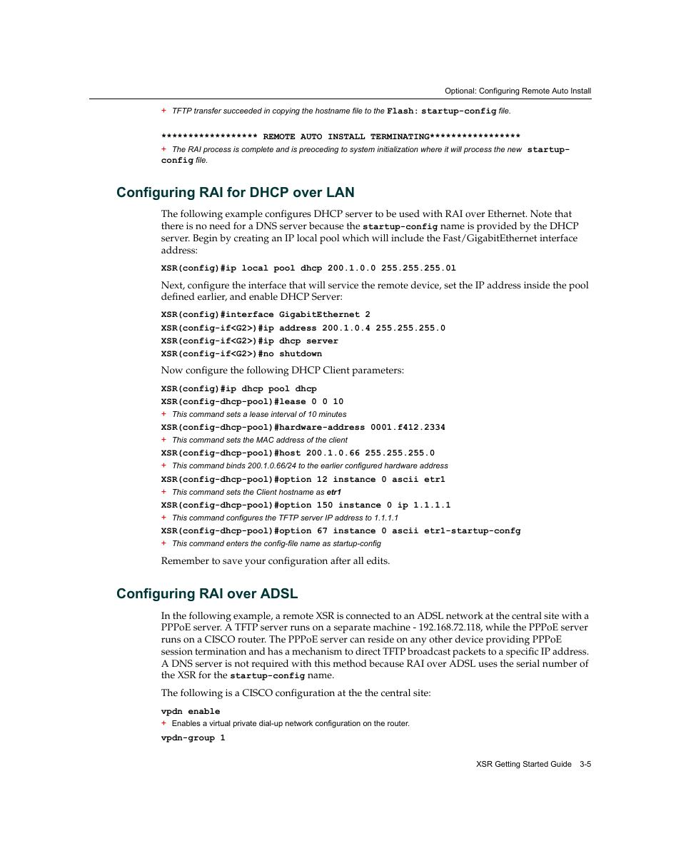 Configuring rai for dhcp over lan, Configuring rai over adsl | Enterasys Networks XSR-3150 User Manual | Page 49 / 110