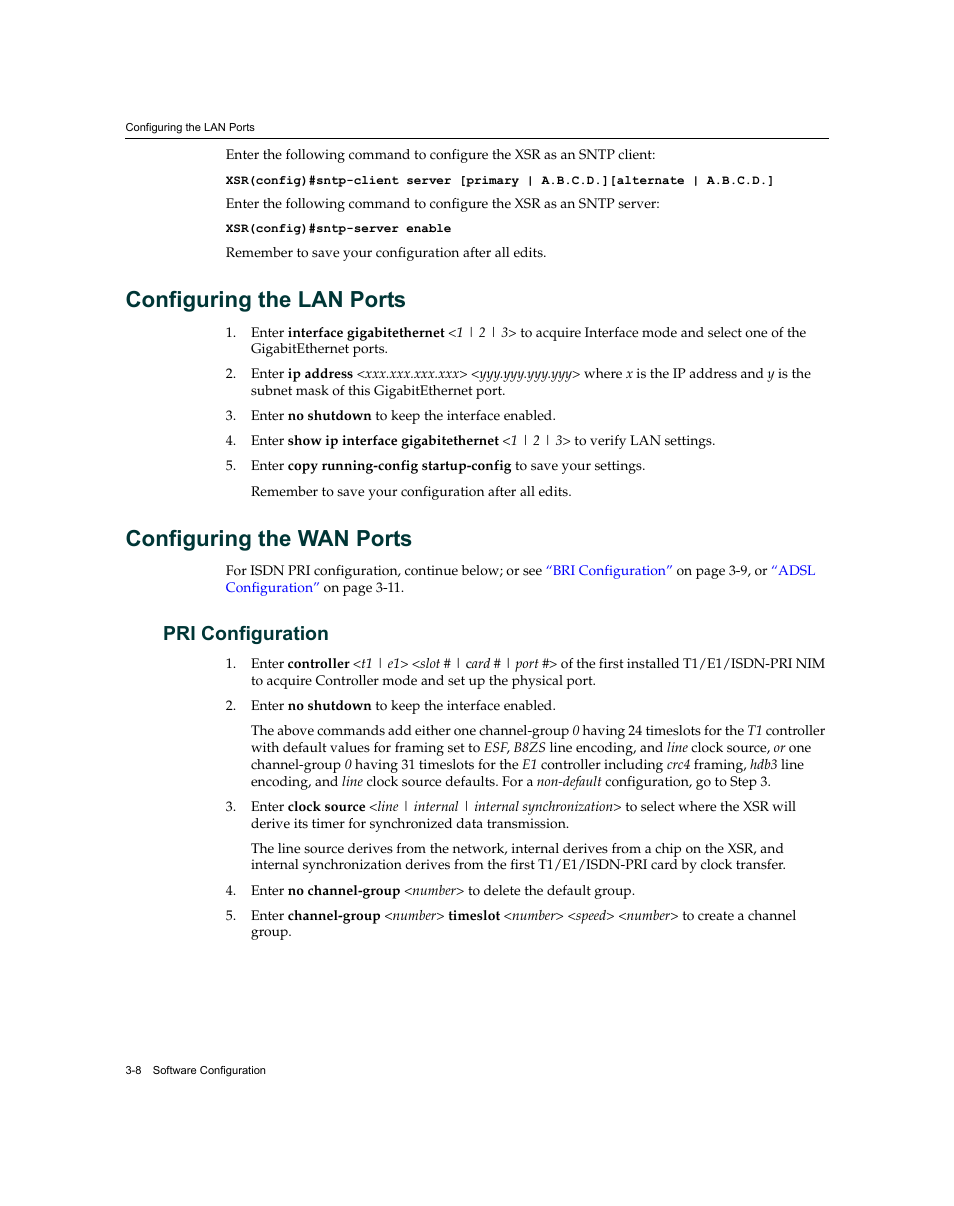 Configuring the lan ports, Configuring the wan ports, Pri configuration | Pri configuration -8 | Enterasys Networks XSR-3150 User Manual | Page 52 / 110