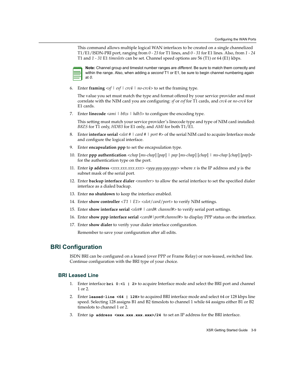 Bri configuration, Bri configuration -9, Bri leased line -9 | Enterasys Networks XSR-3150 User Manual | Page 53 / 110
