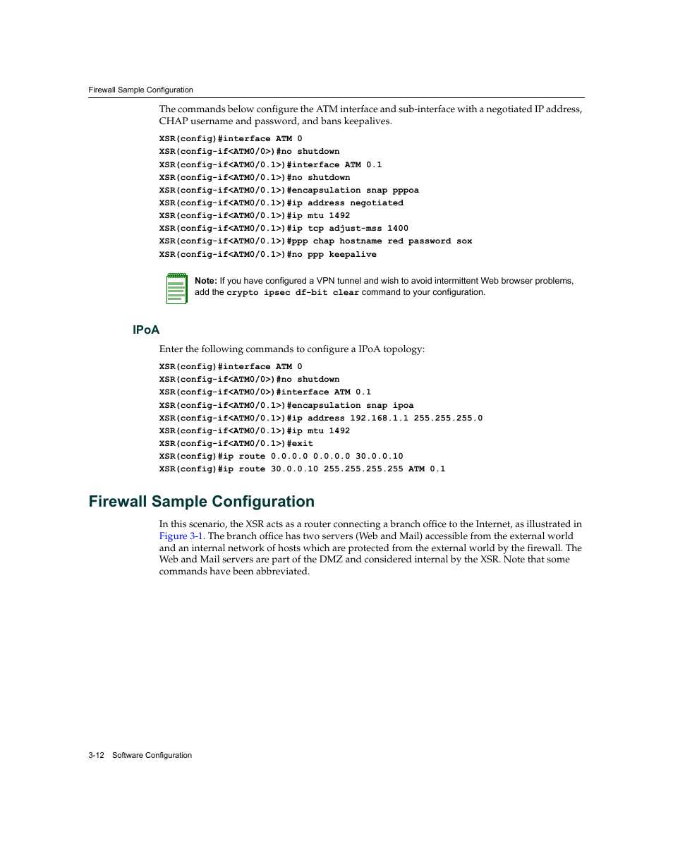 Firewall sample configuration, Ipoa -12, Firewall sample configuration -12 | Enterasys Networks XSR-3150 User Manual | Page 56 / 110