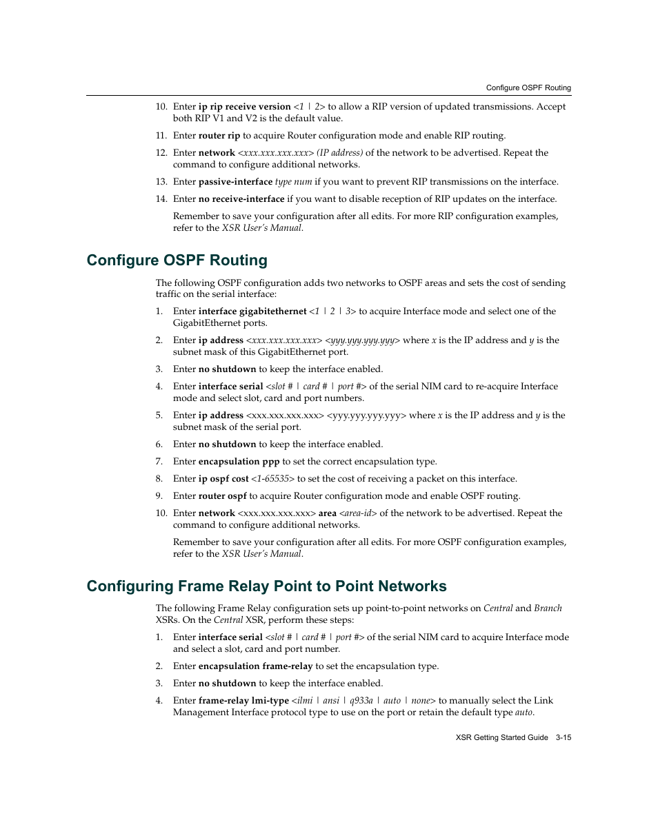 Configure ospf routing, Configuring frame relay point to point networks | Enterasys Networks XSR-3150 User Manual | Page 59 / 110