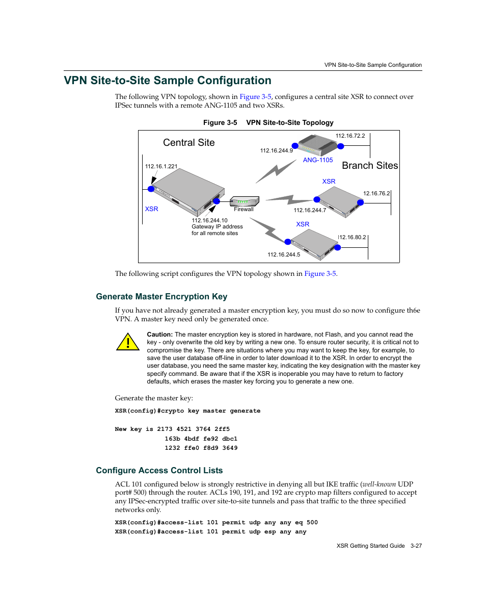 Vpn site-to-site sample configuration, Vpn site-to-site sample configuration -27, Central site branch sites | Enterasys Networks XSR-3150 User Manual | Page 71 / 110