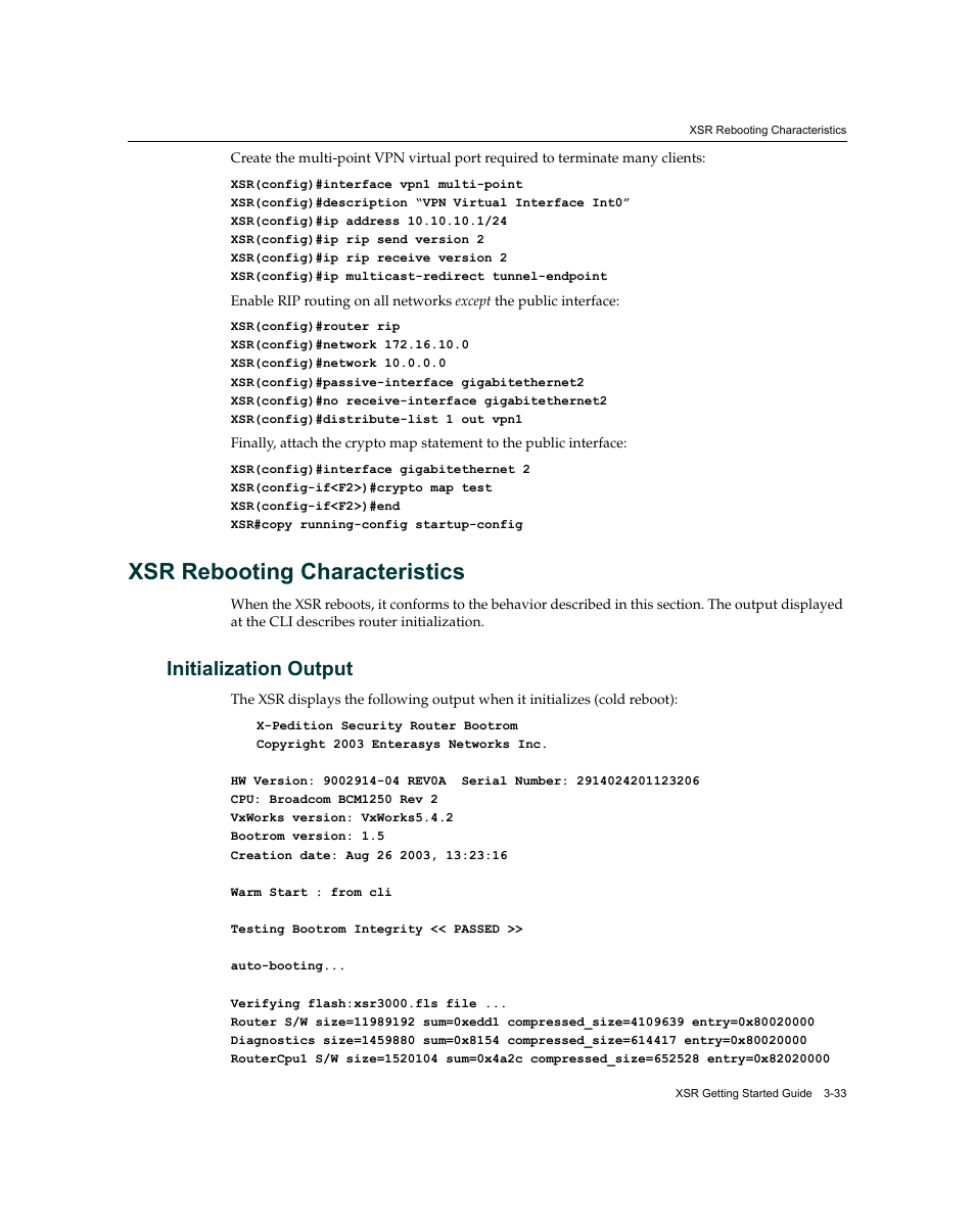 Xsr rebooting characteristics, Initialization output, Xsr rebooting characteristics -33 | Initialization output -33, Xsr rebooting, Characteristics, Refer to | Enterasys Networks XSR-3150 User Manual | Page 77 / 110