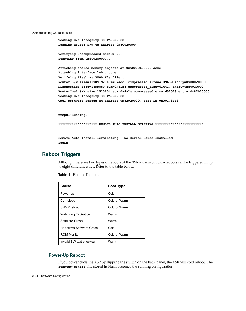 Reboot triggers, Table 1 reboot triggers, Reboot triggers -34 | Power-up reboot -34, Power-up reboot | Enterasys Networks XSR-3150 User Manual | Page 78 / 110