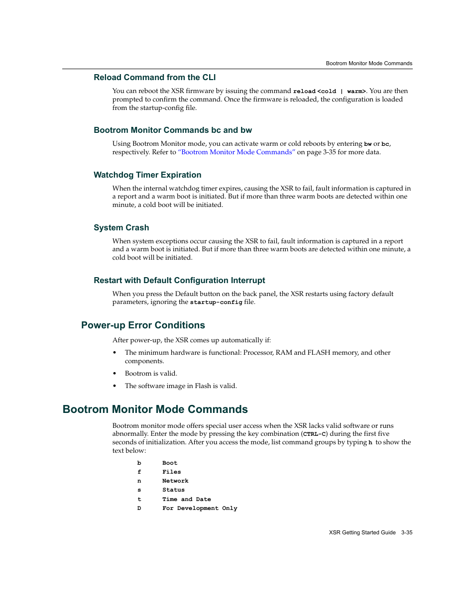 Power-up error conditions, Bootrom monitor mode commands, Power-up error conditions -35 | Bootrom monitor mode commands -35, Bootrom monitor, Mode commands | Enterasys Networks XSR-3150 User Manual | Page 79 / 110