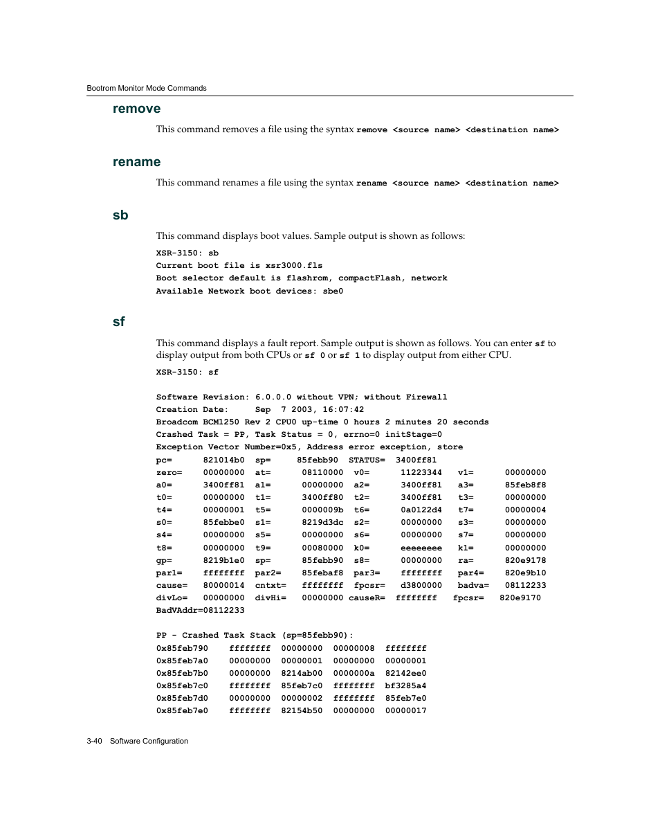 Remove, Rename, Remove -40 rename -40 sb -40 sf -40 | Enterasys Networks XSR-3150 User Manual | Page 84 / 110