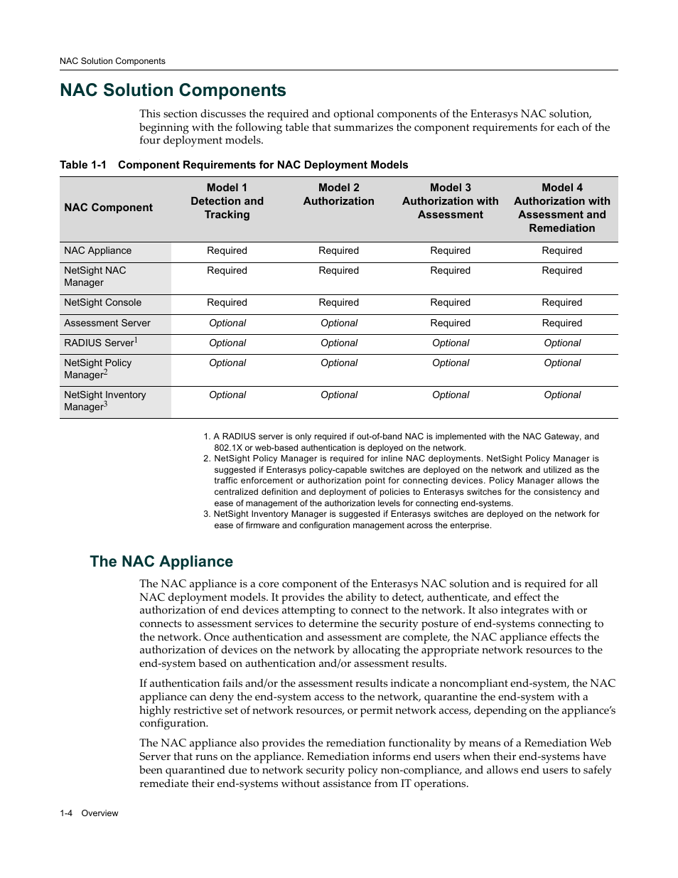 Nac solution components, The nac appliance, Nac solution components -4 | The nac appliance -4 | Enterasys Networks 9034385 User Manual | Page 14 / 98