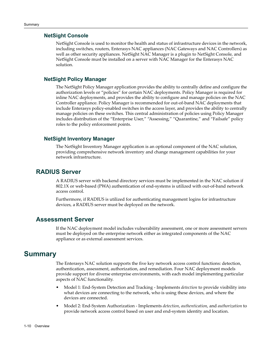 Netsight console, Netsight policy manager, Netsight inventory manager | Radius server, Assessment server, Summary, Radius server -10 assessment server -10, Summary -10 | Enterasys Networks 9034385 User Manual | Page 20 / 98