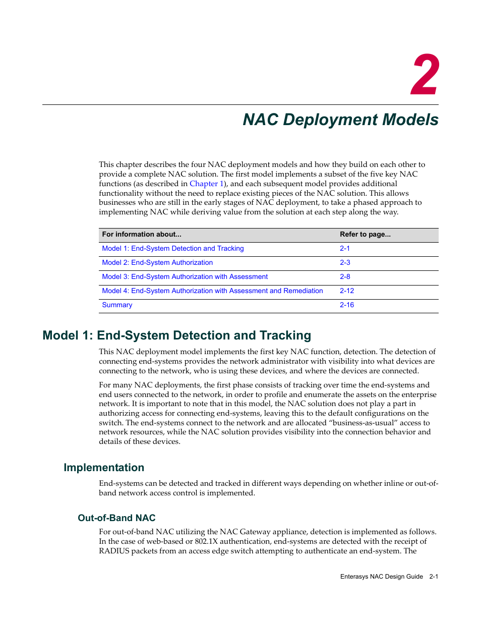 Nac deployment models, Model 1: end-system detection and tracking, Implementation | Out-of-band nac, Chapter 2: nac deployment models, Model 1: end-system detection and tracking -1, Implementation -1, Out-of-band nac -1, Chapter 2 | Enterasys Networks 9034385 User Manual | Page 23 / 98