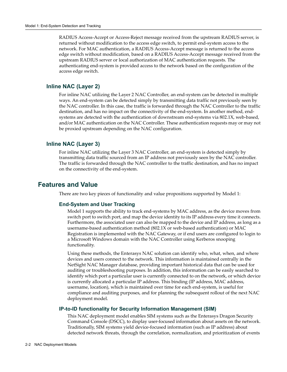Inline nac (layer 2), Inline nac (layer 3), Features and value | Inline nac (layer 2) -2 inline nac (layer 3) -2, Features and value -2 | Enterasys Networks 9034385 User Manual | Page 24 / 98