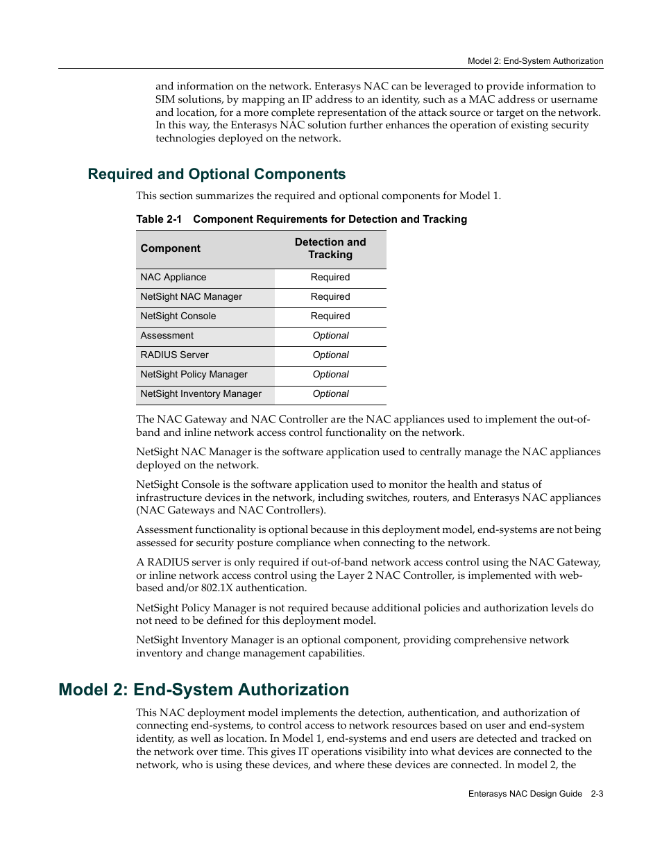 Required and optional components, Model 2: end-system authorization, Required and optional components -3 | Model 2: end-system authorization -3 | Enterasys Networks 9034385 User Manual | Page 25 / 98