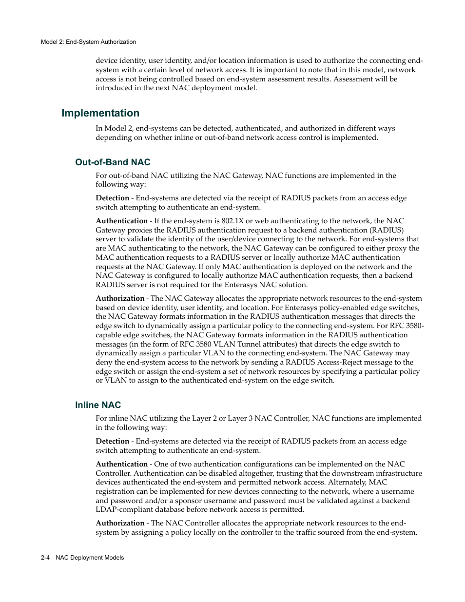Implementation, Out-of-band nac, Inline nac | Implementation -4, Out-of-band nac -4 inline nac -4 | Enterasys Networks 9034385 User Manual | Page 26 / 98
