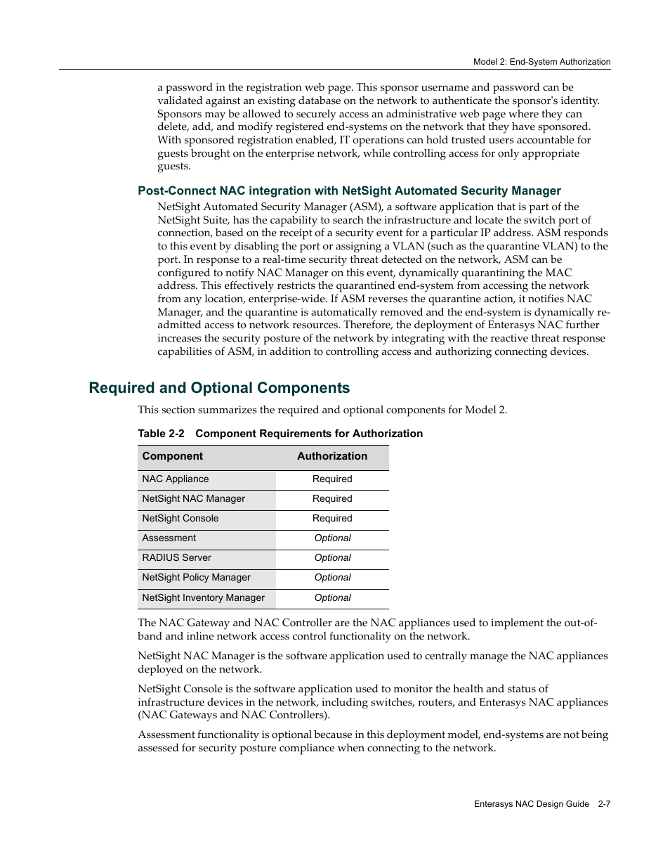 Required and optional components, Required and optional components -7, Component requirements for authorization -7 | Enterasys Networks 9034385 User Manual | Page 29 / 98