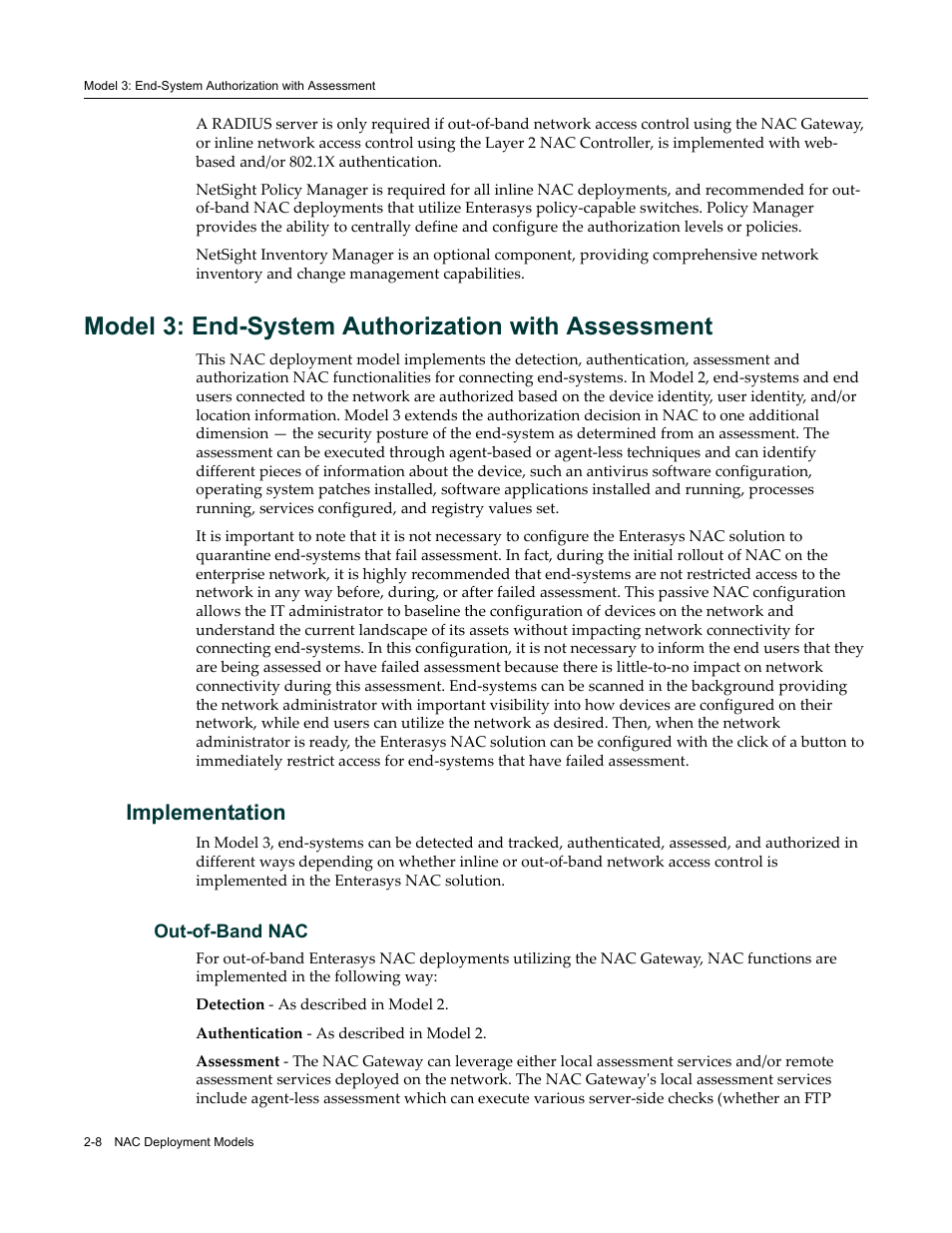 Model 3: end-system authorization with assessment, Implementation, Out-of-band nac | Implementation -8, Out-of-band nac -8 | Enterasys Networks 9034385 User Manual | Page 30 / 98