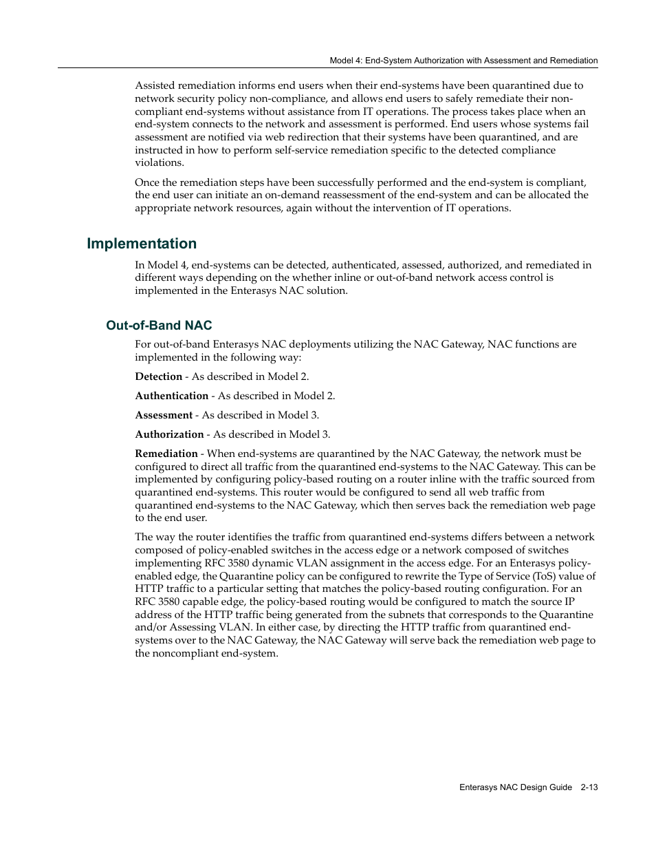 Implementation, Out-of-band nac, Implementation -13 | Out-of-band nac -13 | Enterasys Networks 9034385 User Manual | Page 35 / 98