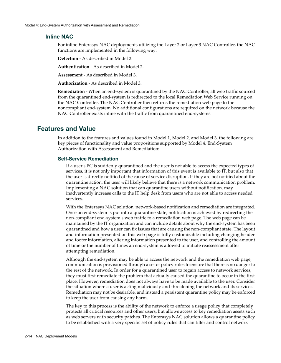 Inline nac, Features and value, Inline nac -14 | Features and value -14 | Enterasys Networks 9034385 User Manual | Page 36 / 98