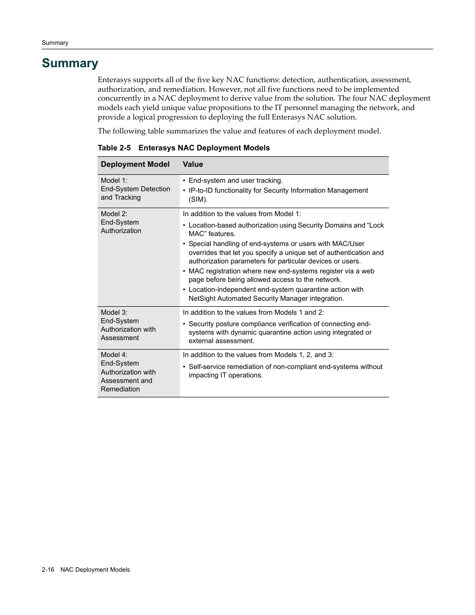 Summary, Summary -16, Enterasys nac deployment models -16 | Enterasys Networks 9034385 User Manual | Page 38 / 98