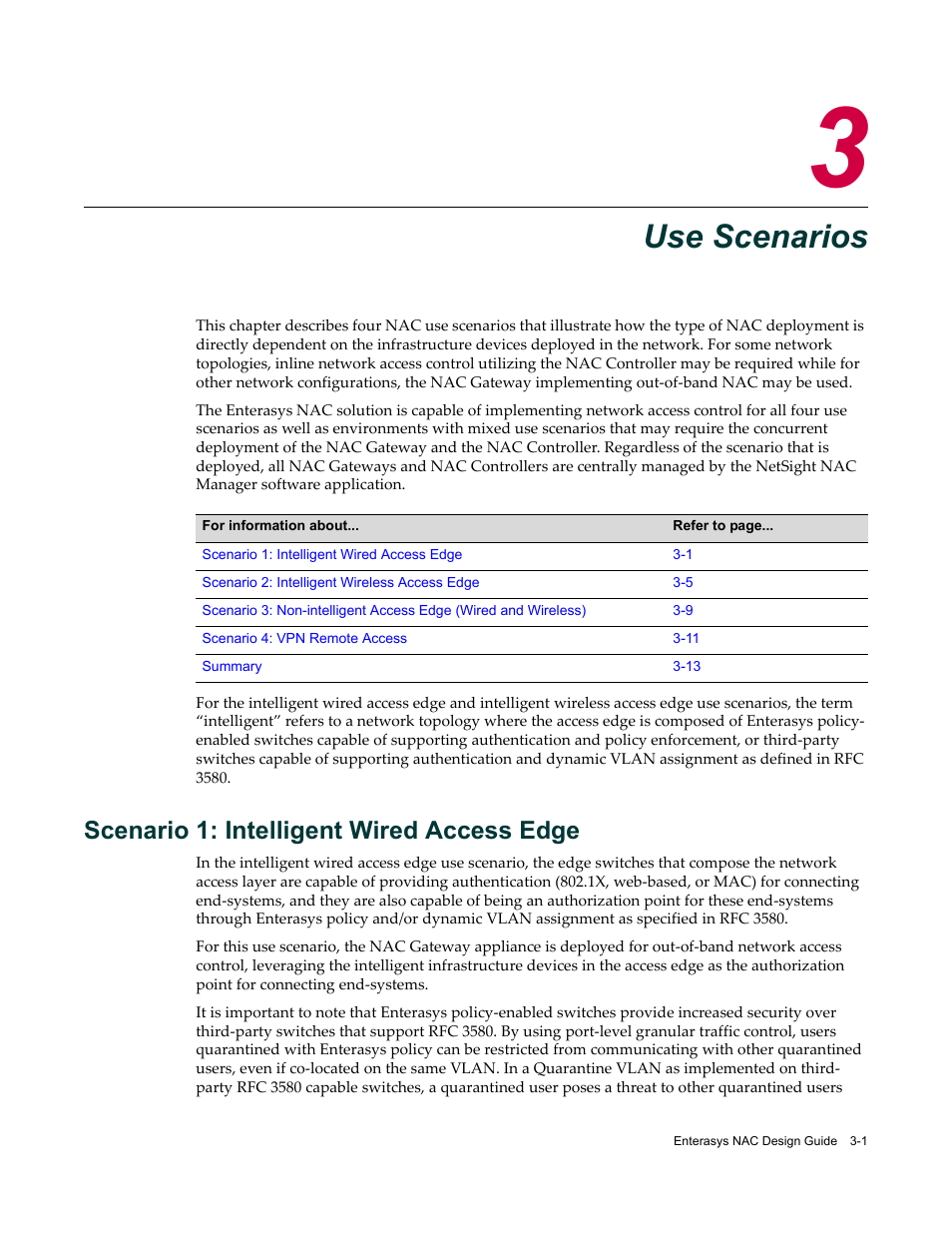 Use scenarios, Scenario 1: intelligent wired access edge, Chapter 3: use scenarios | Scenario 1: intelligent wired access edge -1, Chapter 3 | Enterasys Networks 9034385 User Manual | Page 39 / 98