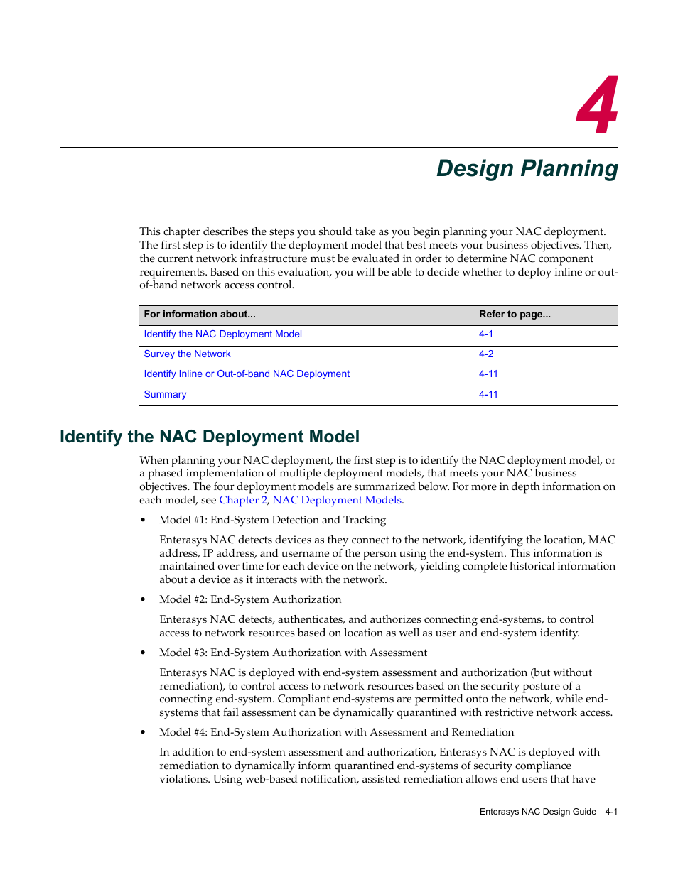 Design planning, Identify the nac deployment model, Chapter 4: design planning | Identify the nac deployment model -1, Chapter 4 | Enterasys Networks 9034385 User Manual | Page 53 / 98