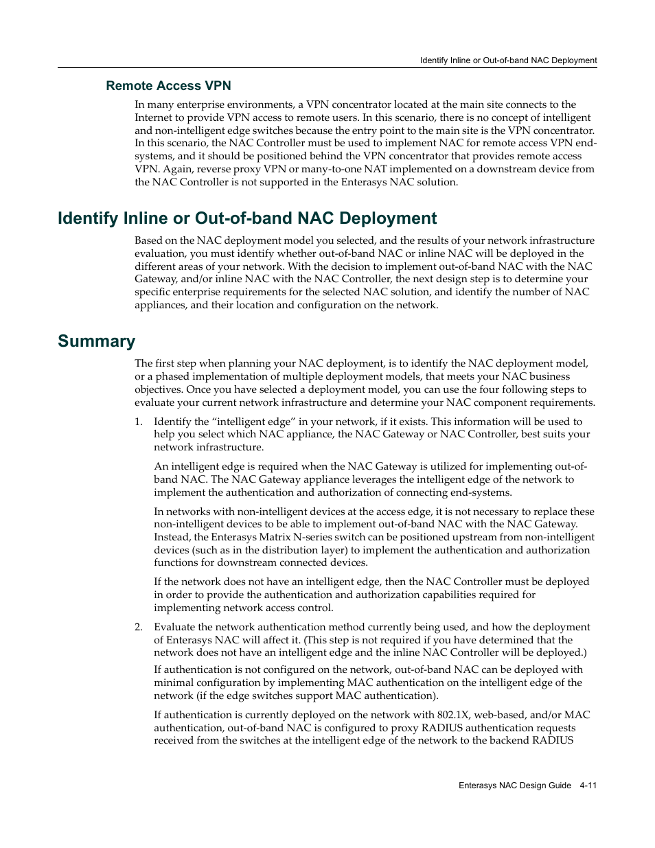 Remote access vpn, Identify inline or out-of-band nac deployment, Summary | Remote access vpn -11 | Enterasys Networks 9034385 User Manual | Page 63 / 98