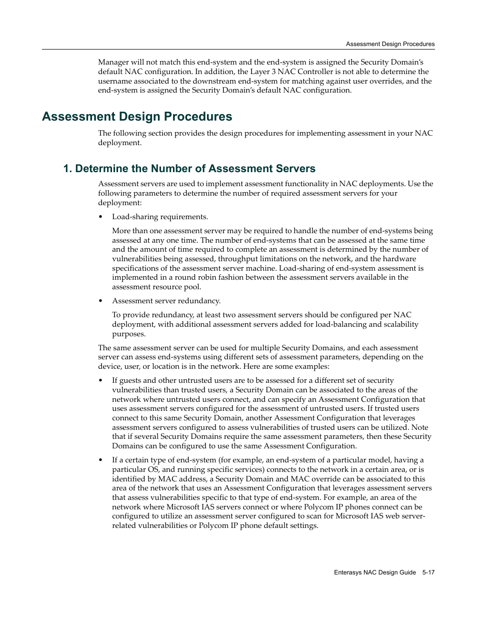 Assessment design procedures, Determine the number of assessment servers, Assessment design procedures -17 | Determine the number of assessment servers -17 | Enterasys Networks 9034385 User Manual | Page 81 / 98