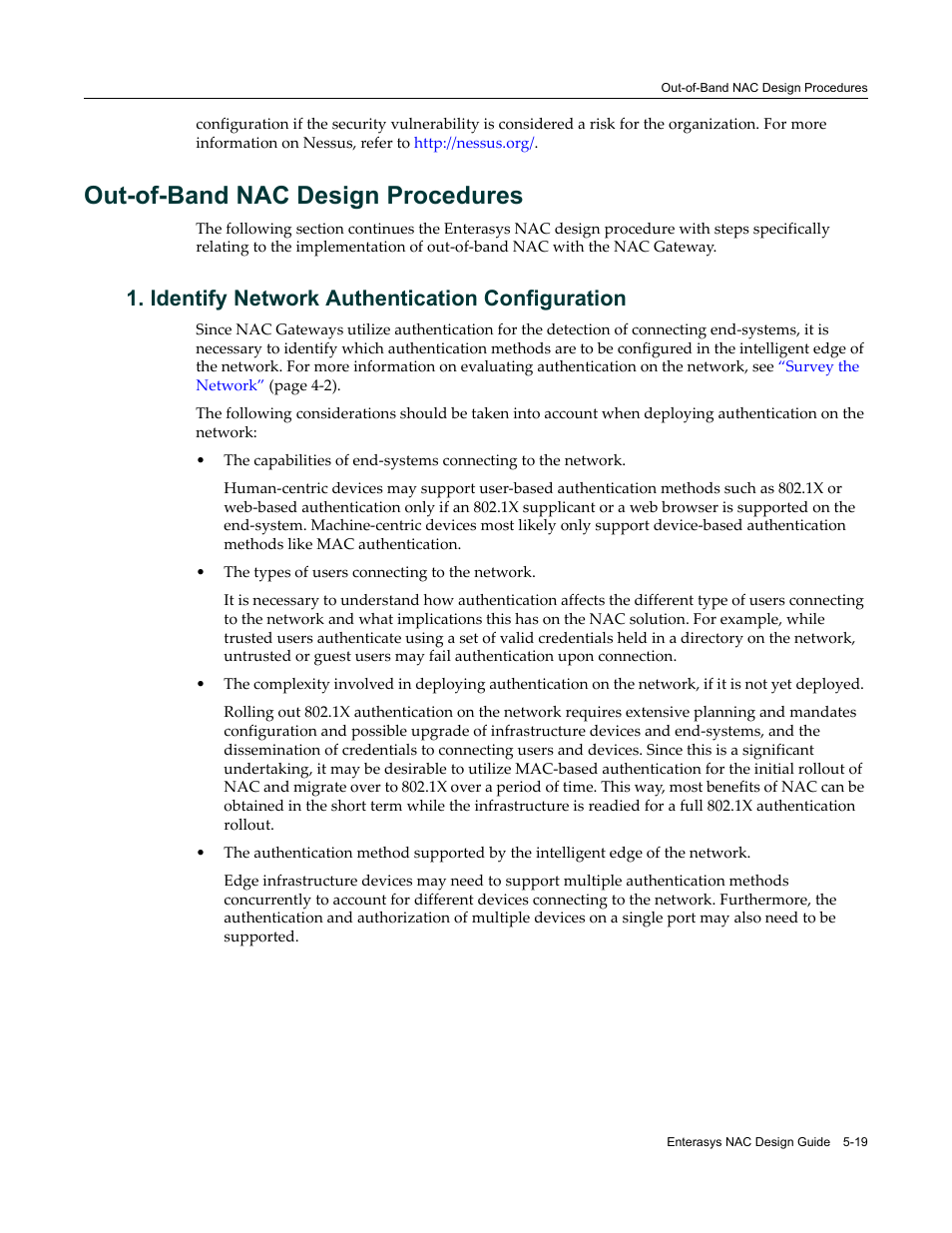 Out-of-band nac design procedures, Identify network authentication configuration, Out-of-band nac design procedures -19 | Identify network authentication configuration -19 | Enterasys Networks 9034385 User Manual | Page 83 / 98
