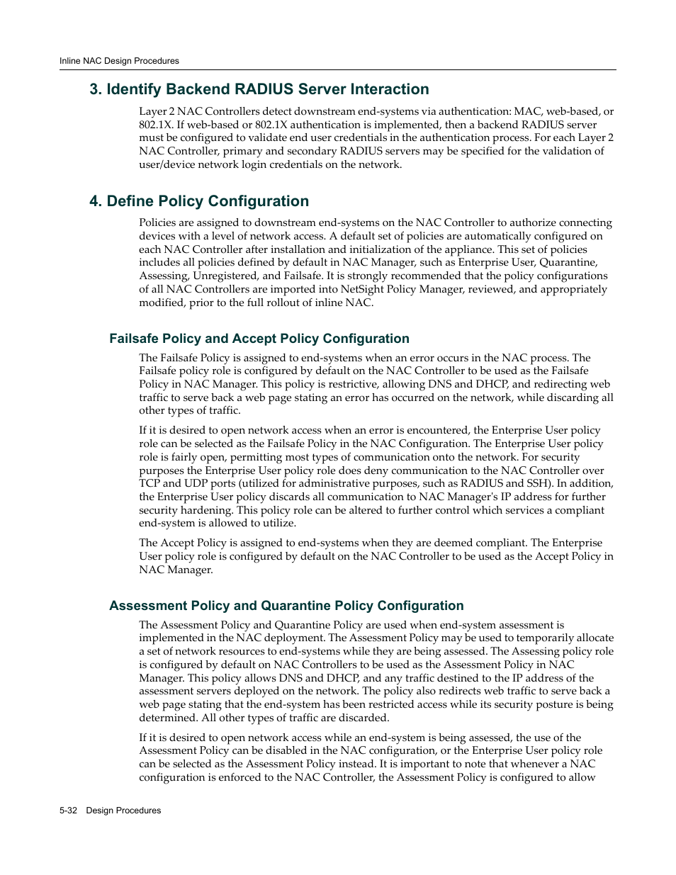 Identify backend radius server interaction, Define policy configuration, Failsafe policy and accept policy configuration | Enterasys Networks 9034385 User Manual | Page 96 / 98