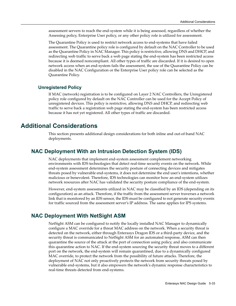 Unregistered policy, Additional considerations, Nac deployment with netsight asm | Unregistered policy -33, Additional considerations -33 | Enterasys Networks 9034385 User Manual | Page 97 / 98