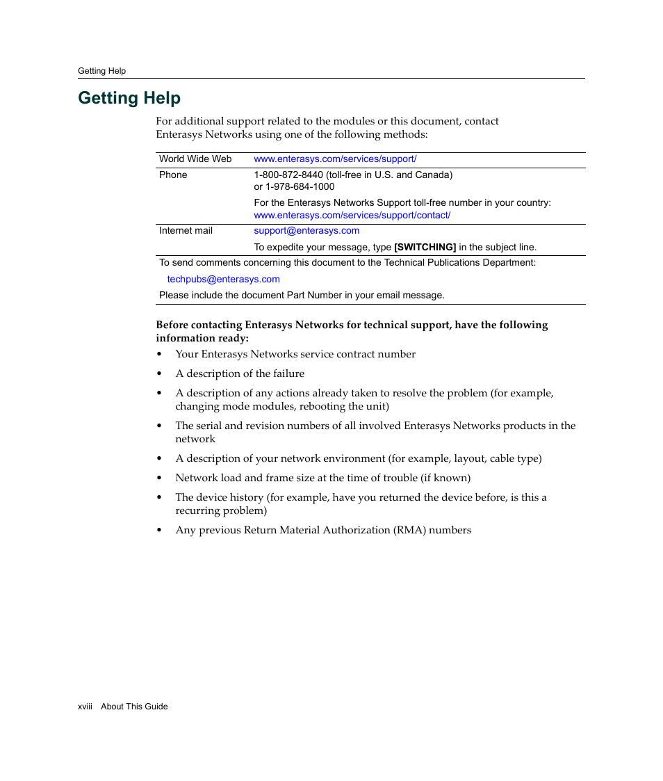 Getting help | Enterasys Networks Enterasys Platinum Distributed Forwarding Engine 7G4285-49 User Manual | Page 20 / 96