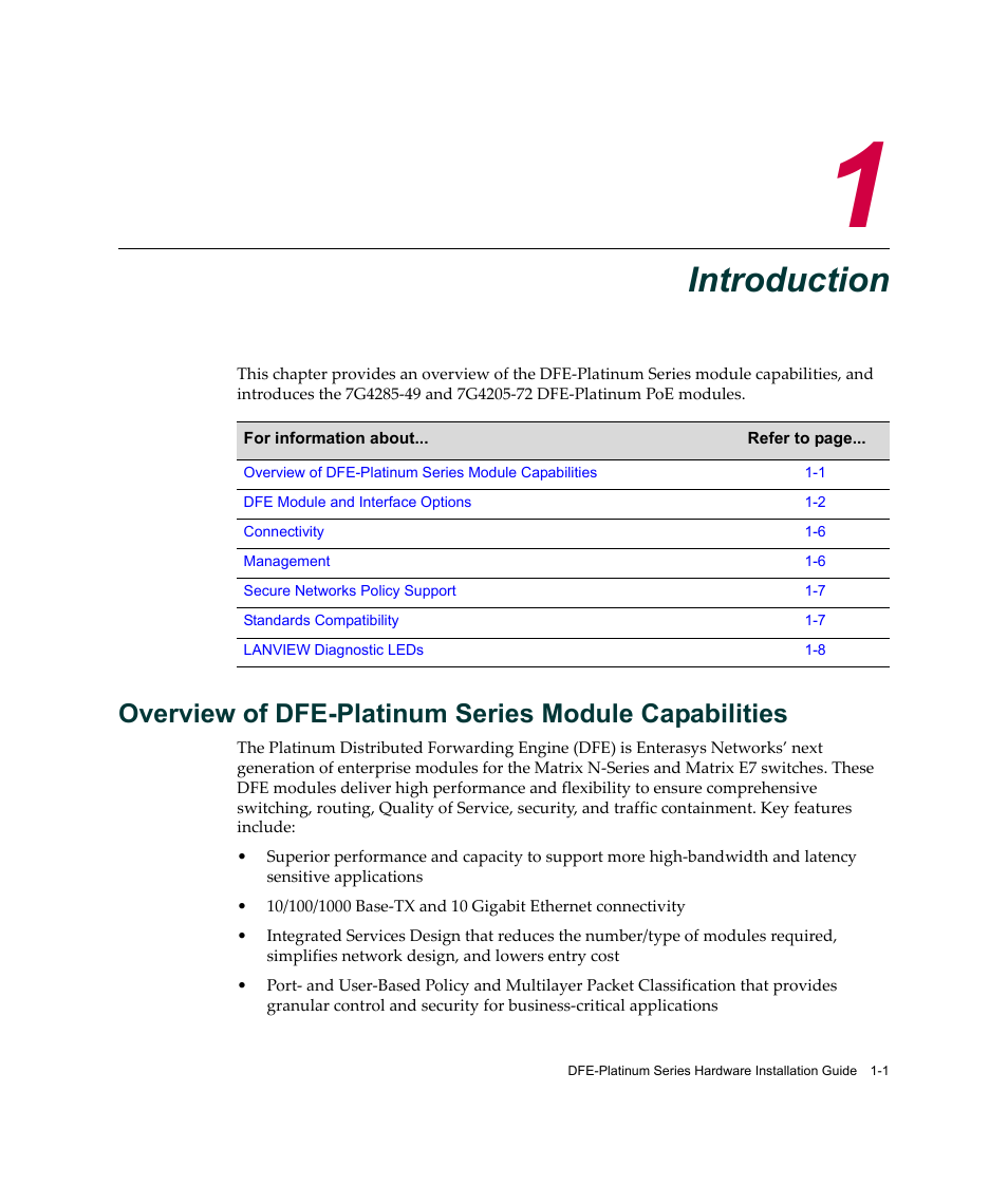 Introduction, Chapter 1: introduction | Enterasys Networks Enterasys Platinum Distributed Forwarding Engine 7G4285-49 User Manual | Page 21 / 96