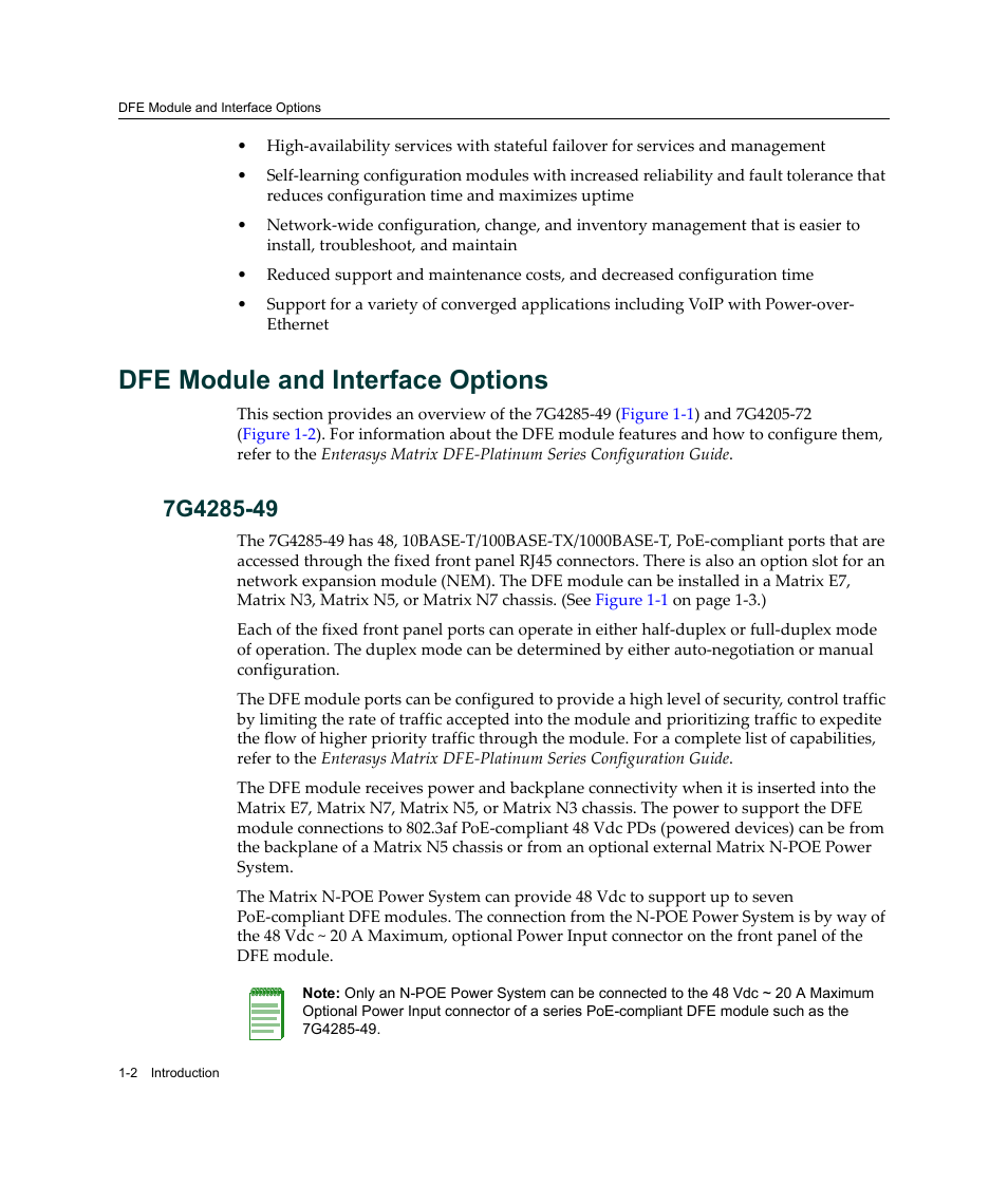 Dfe module and interface options, 7g4285-49, Dfe module and interface options -2 | 7g4285-49 -2 | Enterasys Networks Enterasys Platinum Distributed Forwarding Engine 7G4285-49 User Manual | Page 22 / 96