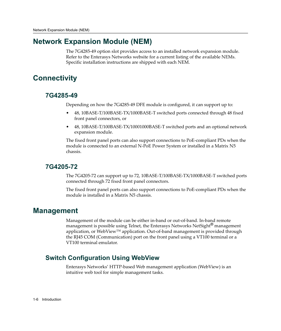 Network expansion module (nem), Connectivity, 7g4285-49 | 7g4205-72, Management, Switch configuration using webview, Network expansion module (nem) -6 connectivity -6, 7g4285-49 -6 7g4205-72 -6, Management -6, Switch configuration using webview -6 | Enterasys Networks Enterasys Platinum Distributed Forwarding Engine 7G4285-49 User Manual | Page 26 / 96