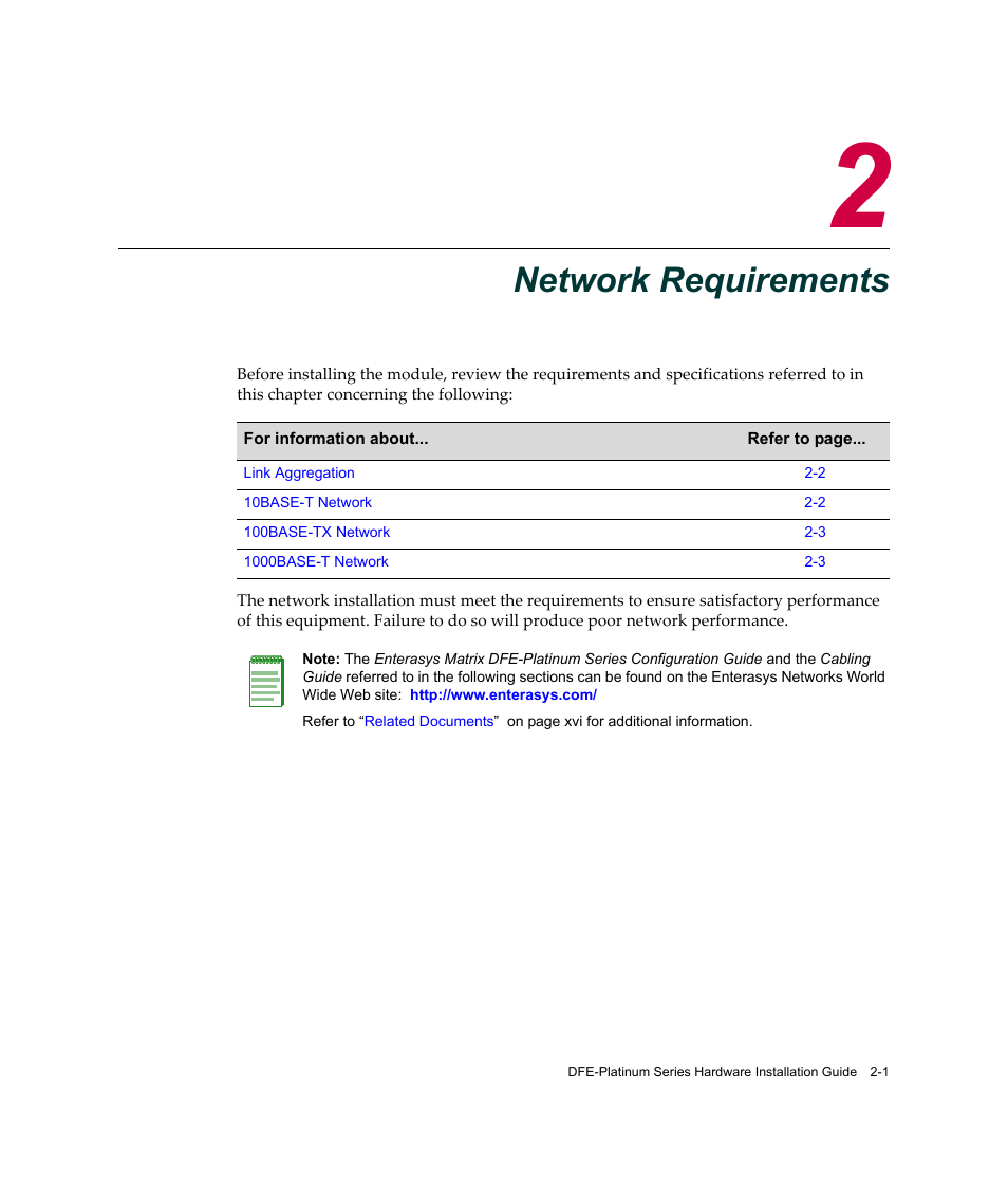 Network requirements, Chapter 2: network requirements | Enterasys Networks Enterasys Platinum Distributed Forwarding Engine 7G4285-49 User Manual | Page 29 / 96