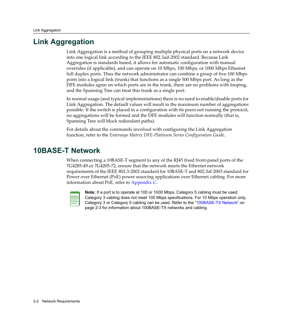 Link aggregation, 10base-t network, Link aggregation -2 10base-t network -2 | Enterasys Networks Enterasys Platinum Distributed Forwarding Engine 7G4285-49 User Manual | Page 30 / 96