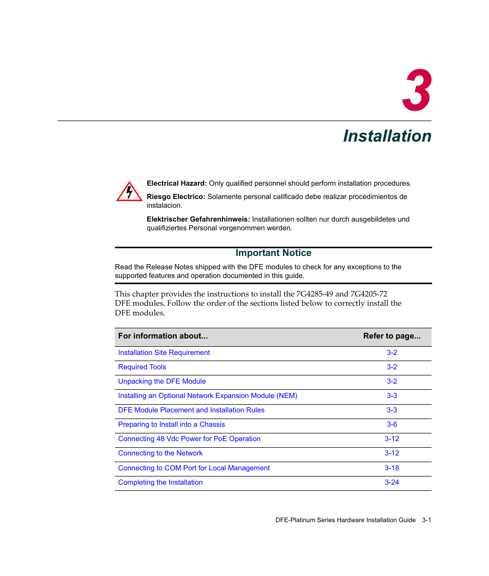 Installation, Chapter 3: installation | Enterasys Networks Enterasys Platinum Distributed Forwarding Engine 7G4285-49 User Manual | Page 33 / 96