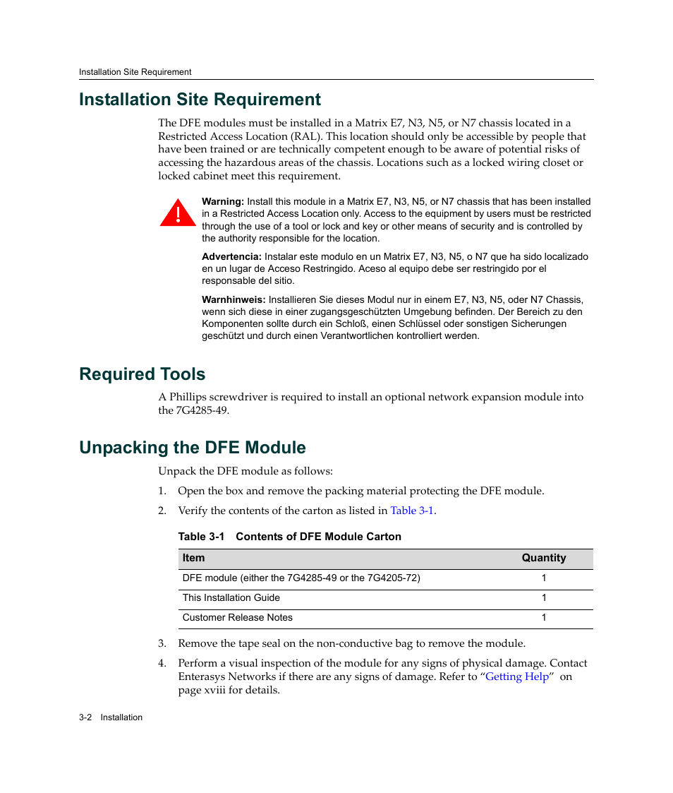 Installation site requirement, Required tools, Unpacking the dfe module | Contents of dfe module carton -2 | Enterasys Networks Enterasys Platinum Distributed Forwarding Engine 7G4285-49 User Manual | Page 34 / 96