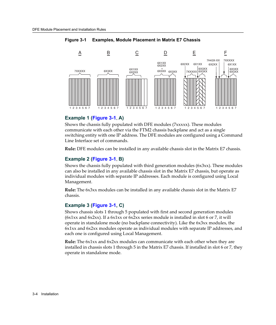 Examples, module placement in matrix e7 chassis -4, Figure 3‐1, Example 1 ( figure 3-1 , a) | Example 2 ( figure 3-1 , b), Example 3 ( figure 3-1 , c) | Enterasys Networks Enterasys Platinum Distributed Forwarding Engine 7G4285-49 User Manual | Page 36 / 96