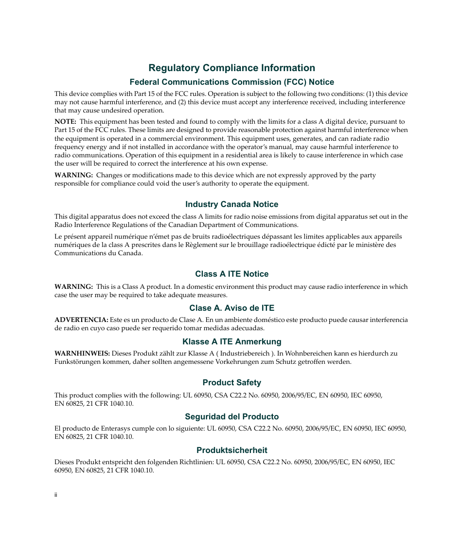 Regulatory compliance information | Enterasys Networks Enterasys Platinum Distributed Forwarding Engine 7G4285-49 User Manual | Page 4 / 96