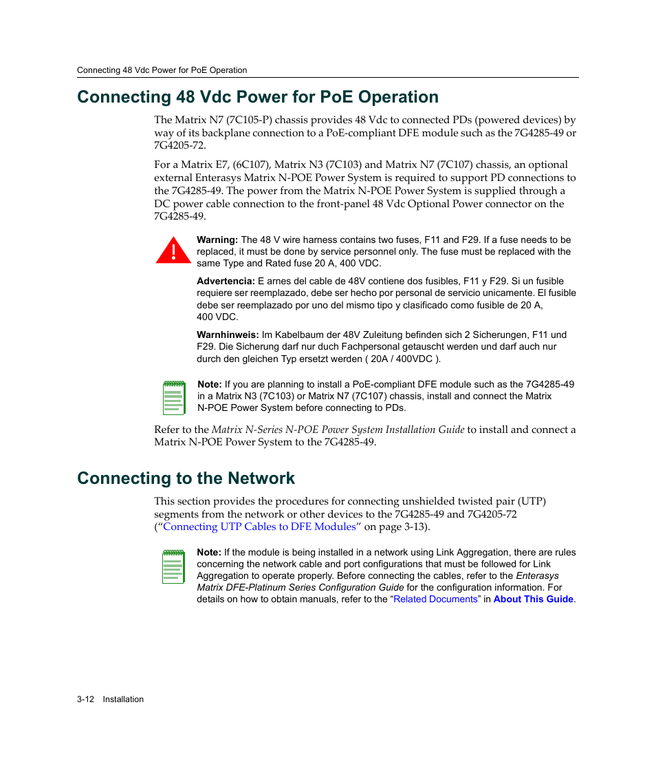 Connecting 48 vdc power for poe operation, Connecting to the network | Enterasys Networks Enterasys Platinum Distributed Forwarding Engine 7G4285-49 User Manual | Page 44 / 96