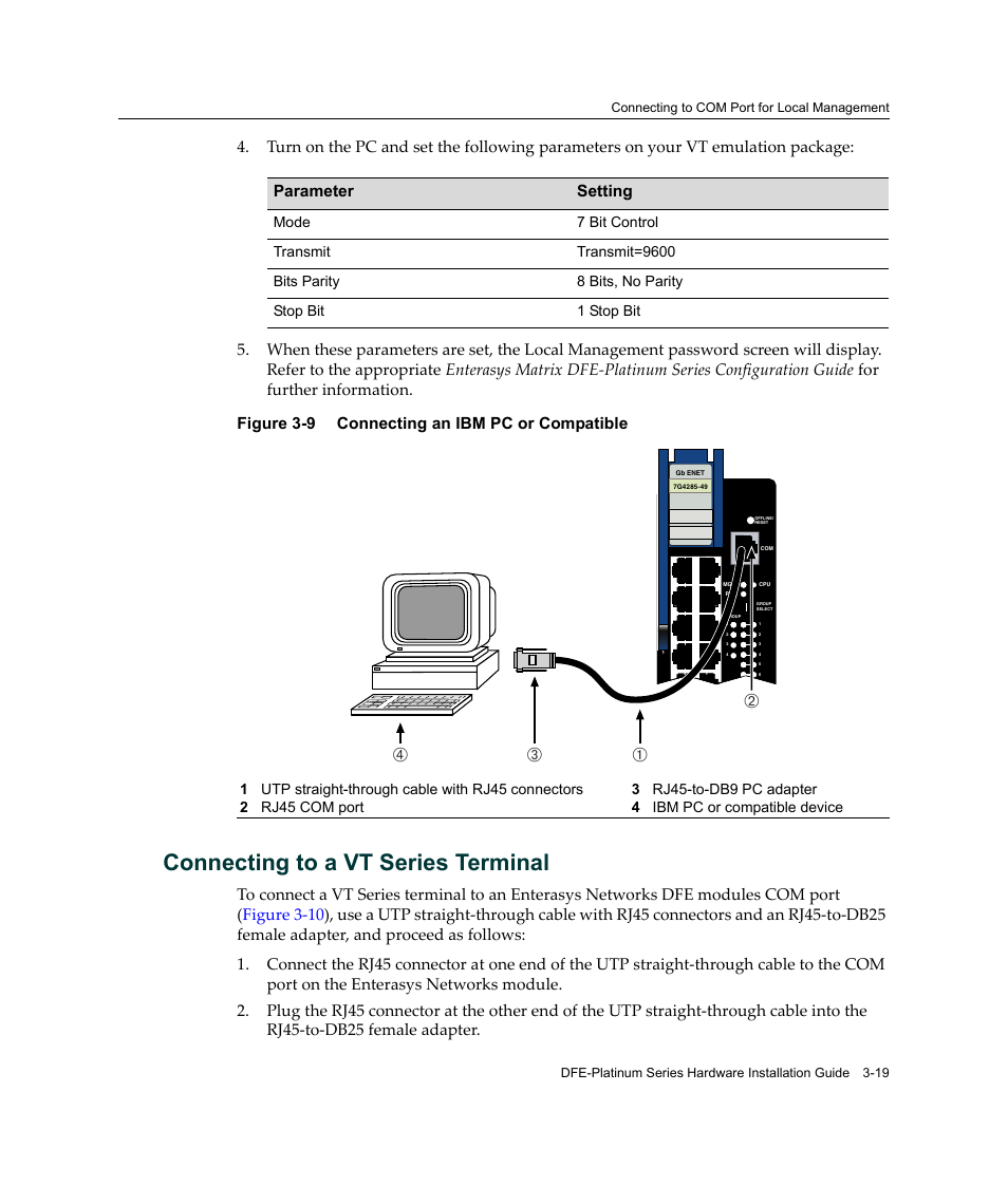 Connecting to a vt series terminal, Connecting to a vt series terminal -19, Connecting an ibm pc or compatible -19 | Вг а б | Enterasys Networks Enterasys Platinum Distributed Forwarding Engine 7G4285-49 User Manual | Page 51 / 96