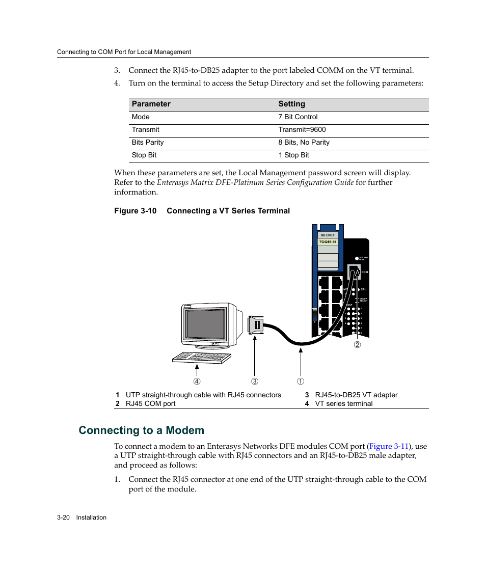 Connecting to a modem, Connecting to a modem -20, Connecting a vt series terminal -20 | Ва г | Enterasys Networks Enterasys Platinum Distributed Forwarding Engine 7G4285-49 User Manual | Page 52 / 96