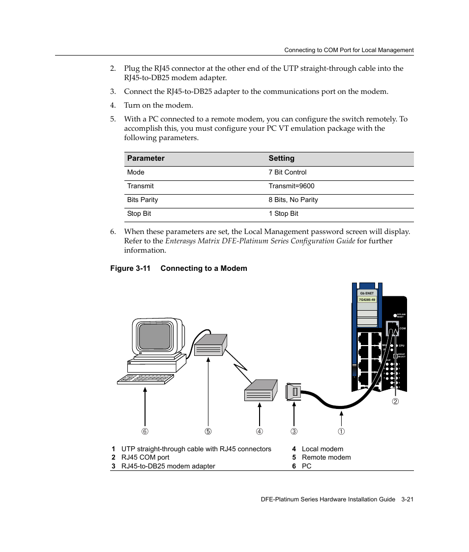 Connecting to a modem -21 | Enterasys Networks Enterasys Platinum Distributed Forwarding Engine 7G4285-49 User Manual | Page 53 / 96