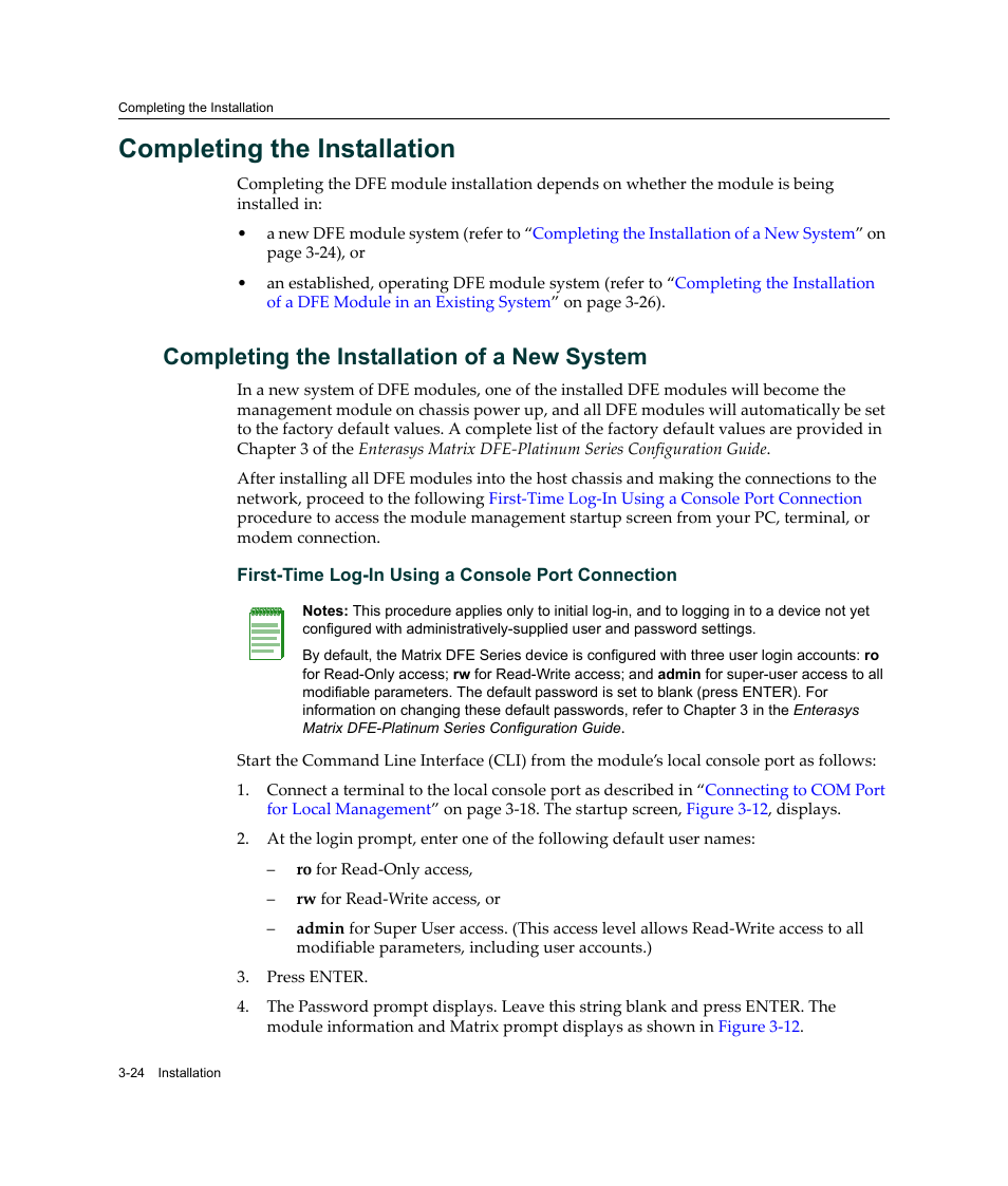 Completing the installation, Completing the installation of a new system, Completing the installation -24 | Completing the installation of a new system -24 | Enterasys Networks Enterasys Platinum Distributed Forwarding Engine 7G4285-49 User Manual | Page 56 / 96