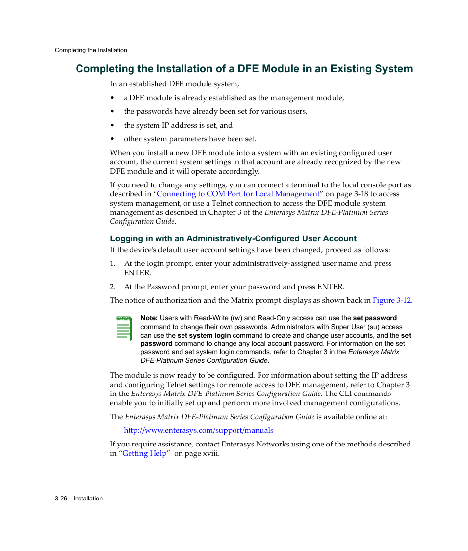 Completing the installation, Of a dfe module in an existing system | Enterasys Networks Enterasys Platinum Distributed Forwarding Engine 7G4285-49 User Manual | Page 58 / 96