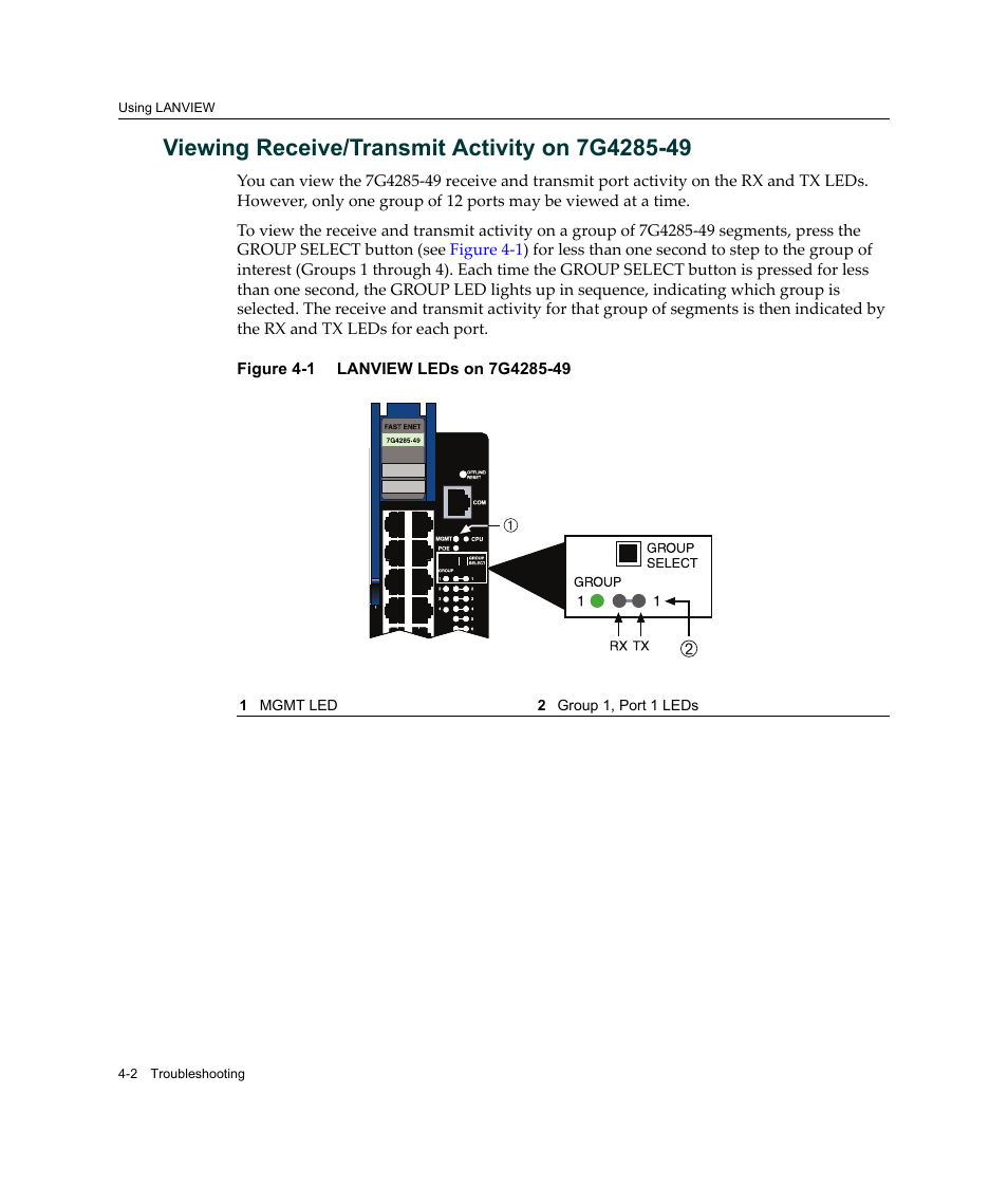 Viewing receive/transmit activity on 7g4285-49, Viewing receive/transmit activity on 7g4285-49 -2, Lanview leds on 7g4285-49 -2 | Figure 4‐1 | Enterasys Networks Enterasys Platinum Distributed Forwarding Engine 7G4285-49 User Manual | Page 60 / 96