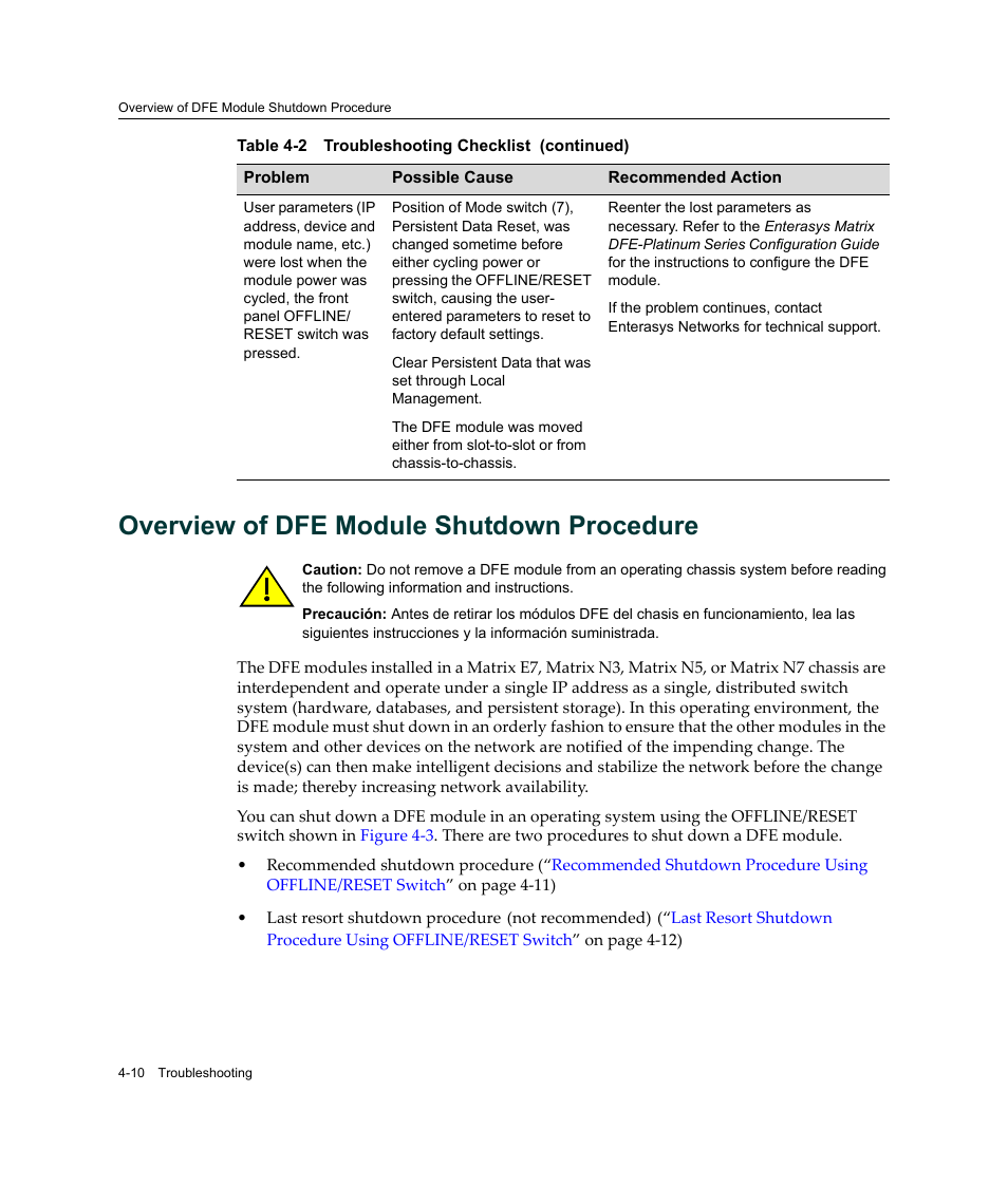 Overview of dfe module shutdown procedure, Overview of dfe module shutdown procedure -10 | Enterasys Networks Enterasys Platinum Distributed Forwarding Engine 7G4285-49 User Manual | Page 68 / 96